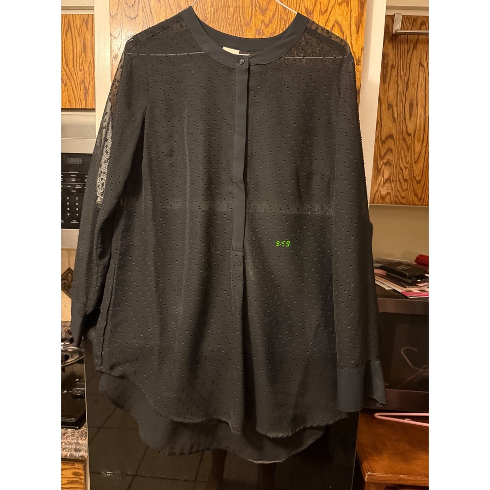 Merona Women Black Sheer Clip Dot Long Sleeve Band Collar‎ Blouse XL RN17730